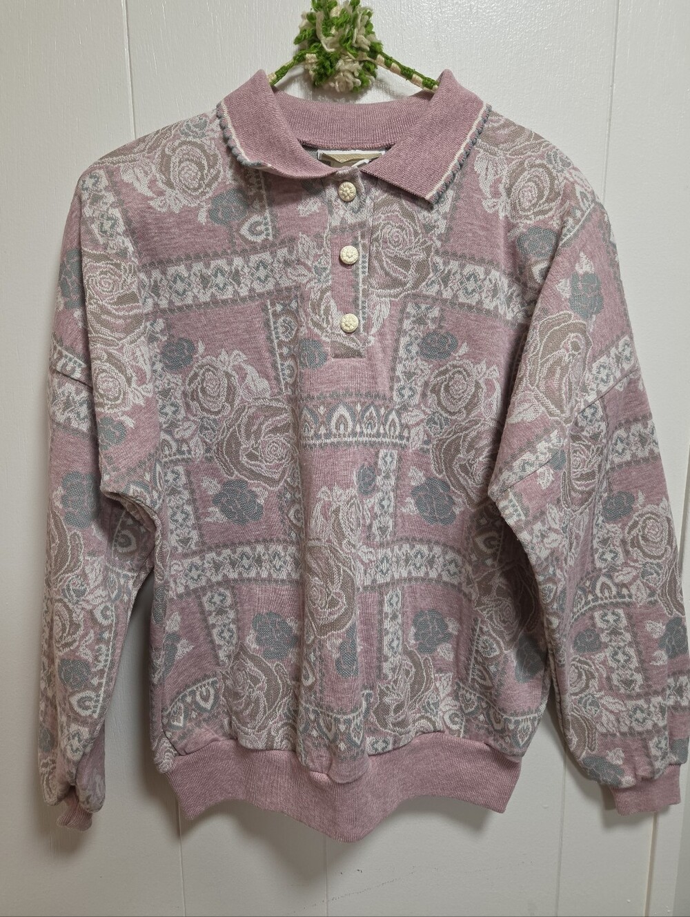 Vintage 80s/90s Season Ticket Floral Tapestry Knit Polo Sweatshirt | Dusty Pink